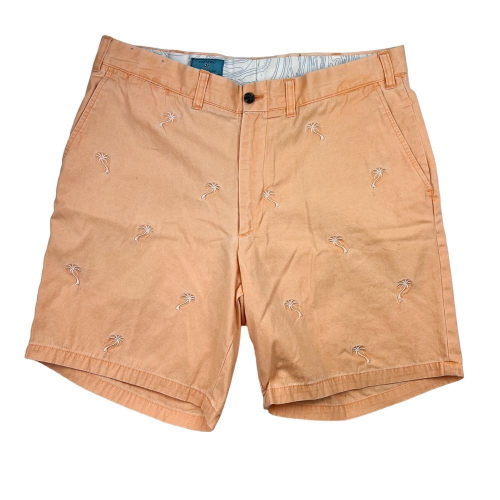 CASTAWAY Tropical Vacation Peach Palm Embroidered Men Shorts Size 36 Inseam 5.5"
